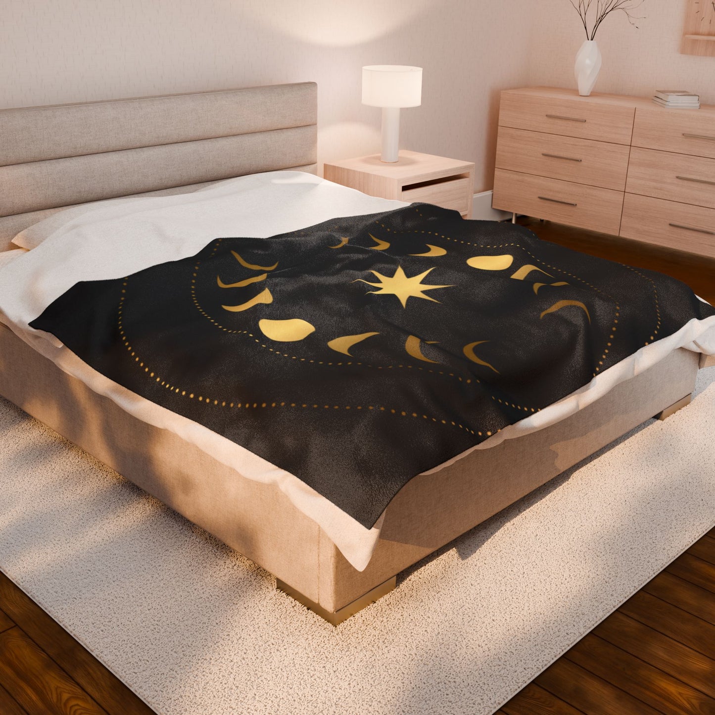 Celestial Moon Phase Velveteen Plush Blanket | Gold & Black Cosmic Throw