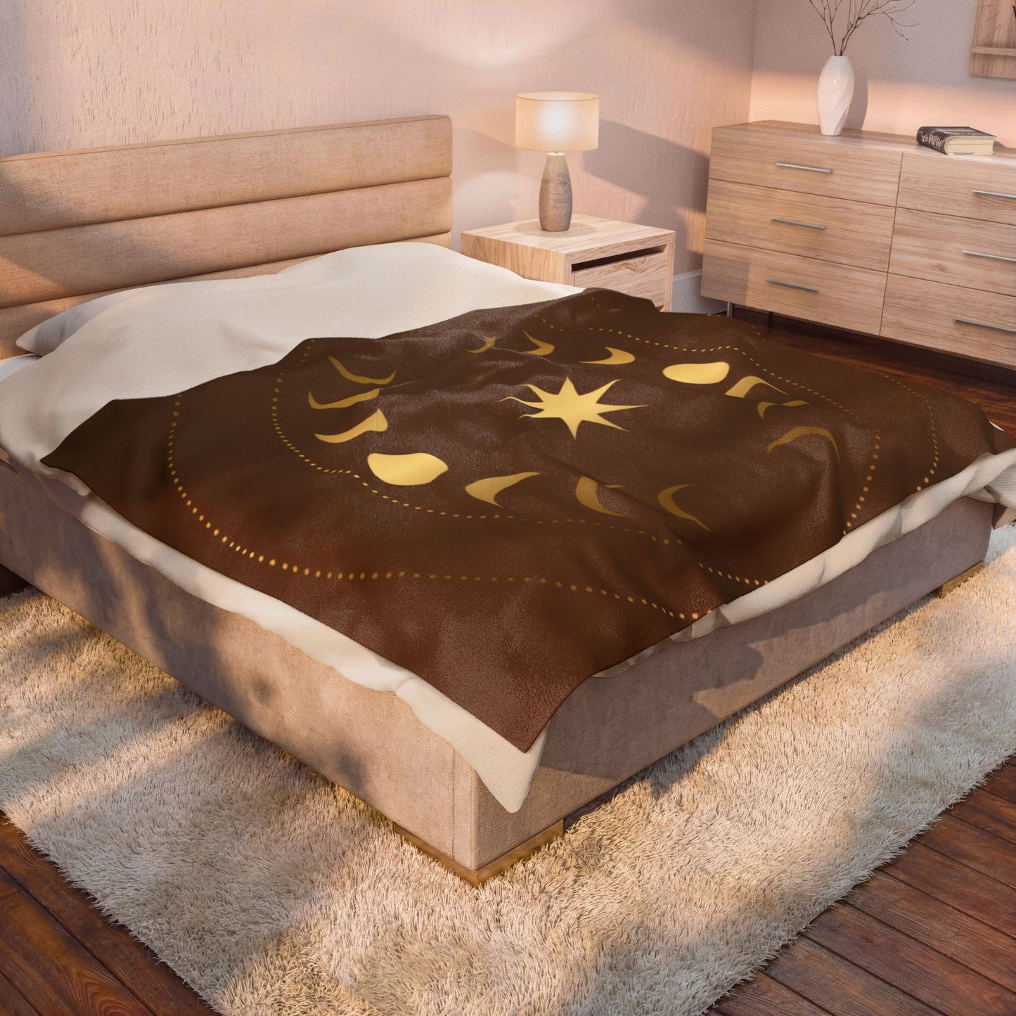 Celestial Moon Phase Velveteen Plush Blanket | Gold & Brown Cosmic Throw