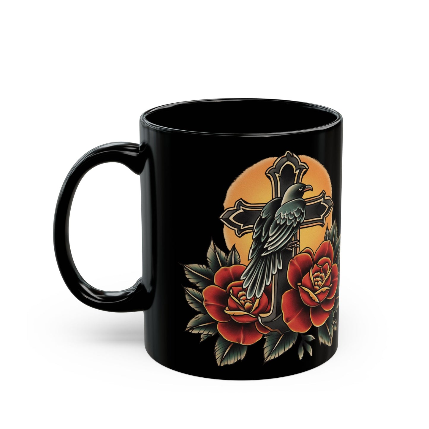 Raven Tattoo-Inspired Black Mug: Bold Floral Design, Gothic Decor, Unique Gift for Art Lovers, Perfect for Coffee & Tea