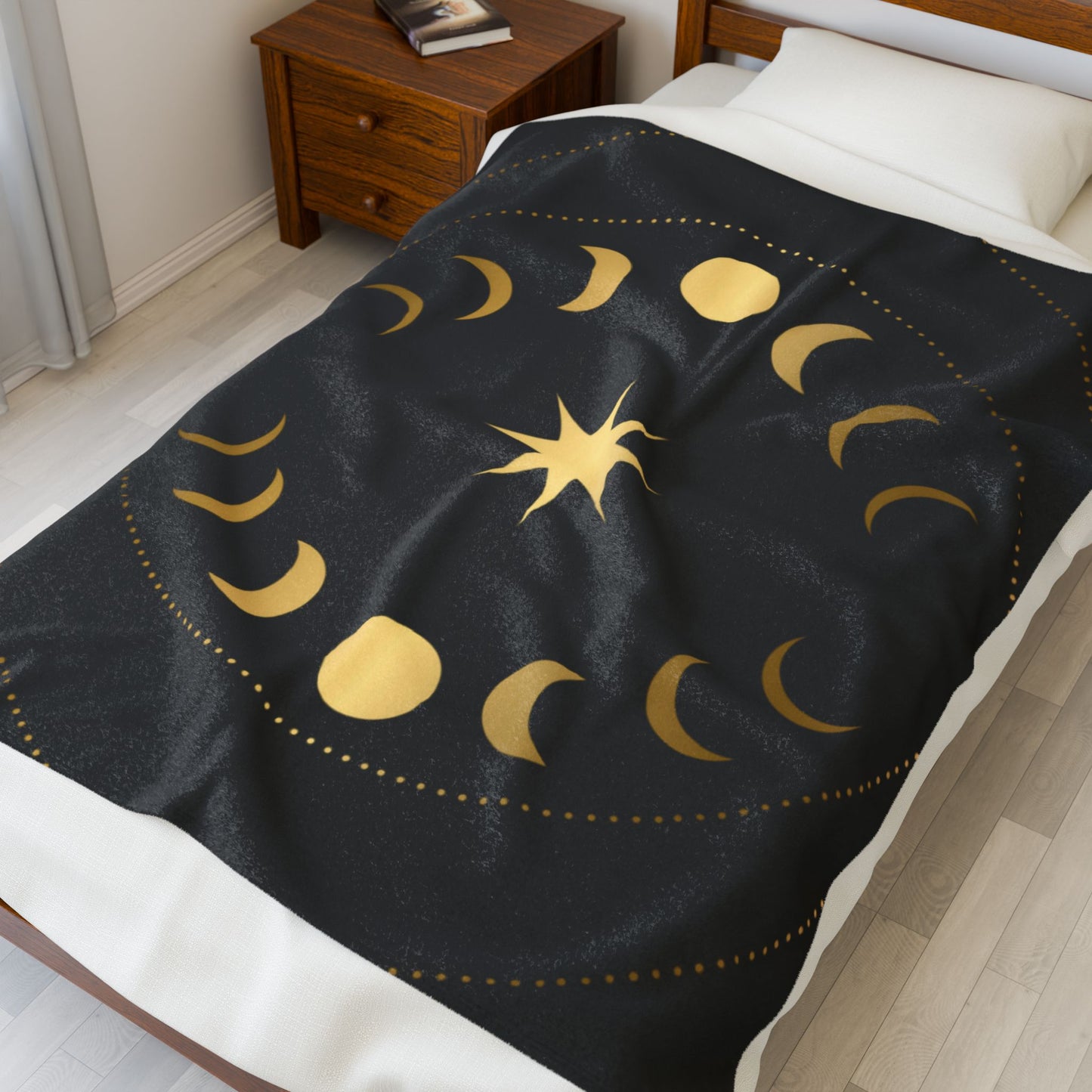 Celestial Moon Phase Velveteen Plush Blanket | Gold & Black Cosmic Throw