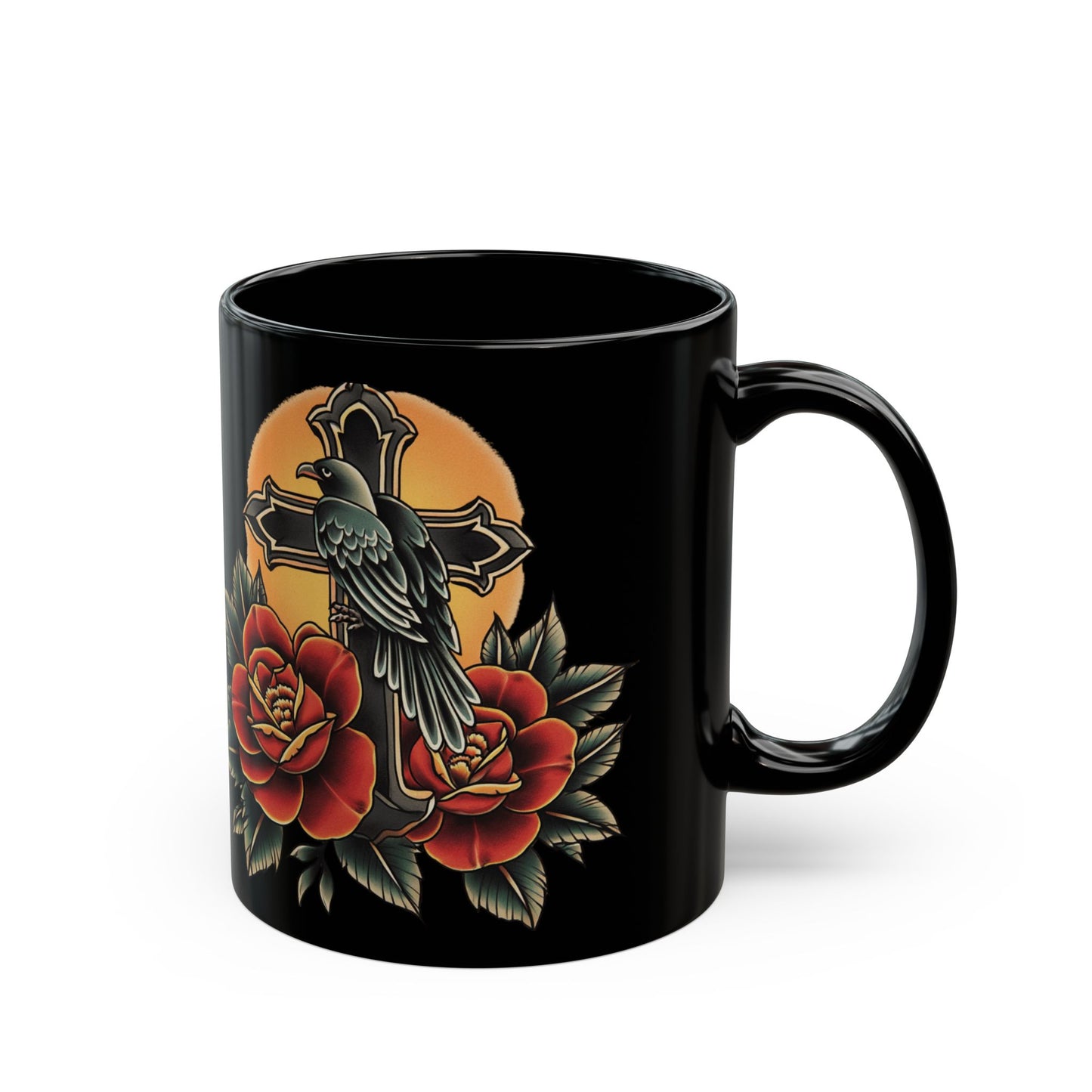 Raven Tattoo-Inspired Black Mug: Bold Floral Design, Gothic Decor, Unique Gift for Art Lovers, Perfect for Coffee & Tea