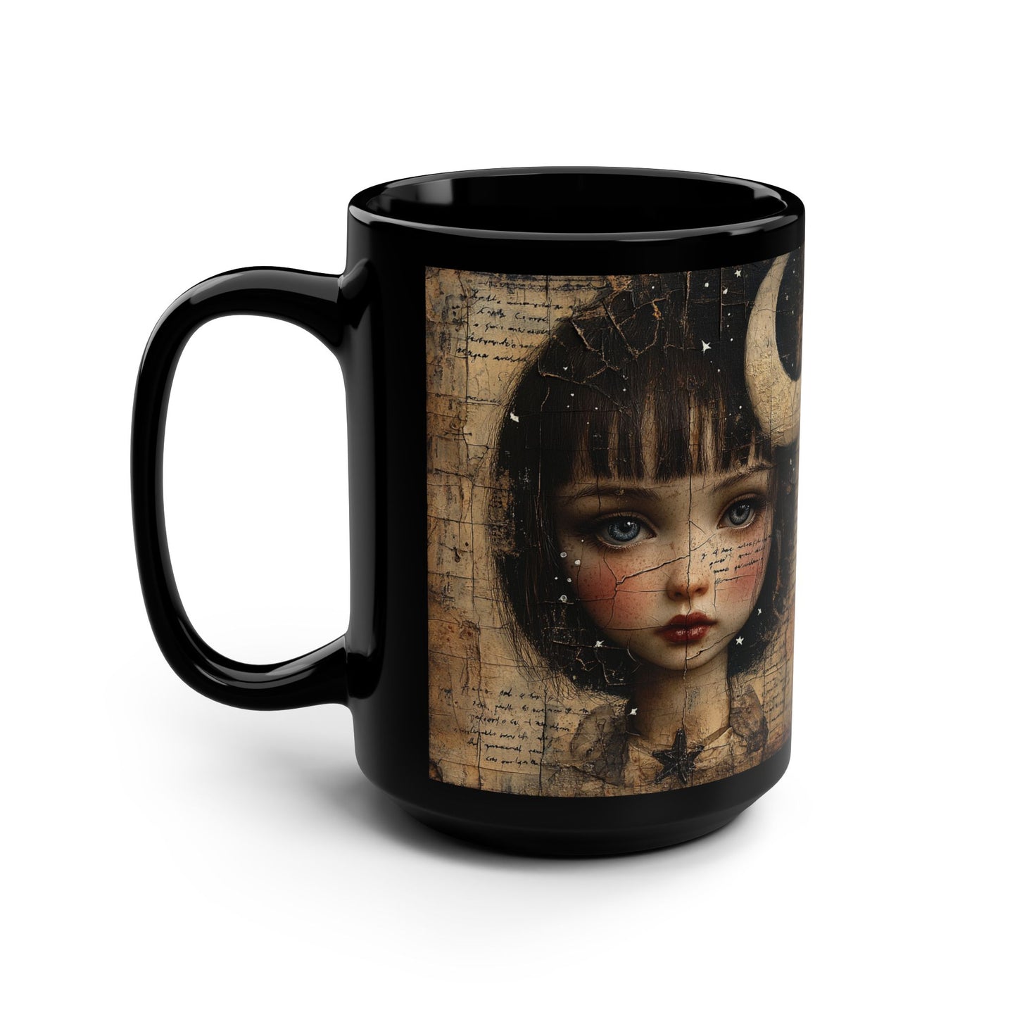 Gothic Doll Portrait Mug | Black 15oz, Moon Collage Art