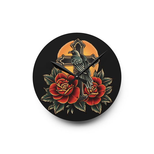 Retro Raven Wall Clock, Gothic Rose Tattoo Clock, Vintage Bird Theme Clock, Acrylic Timepiece, Unique Home Decor, Alternative Wall Art