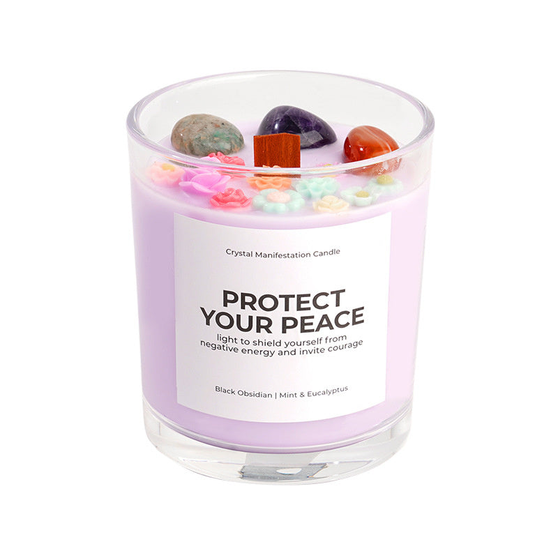 Crystal Soy Wax Aromatherapy Candle 8.5oz | Wooden Wick Dried Flower Candle | Healing Energy Relaxation Gift Home Decor