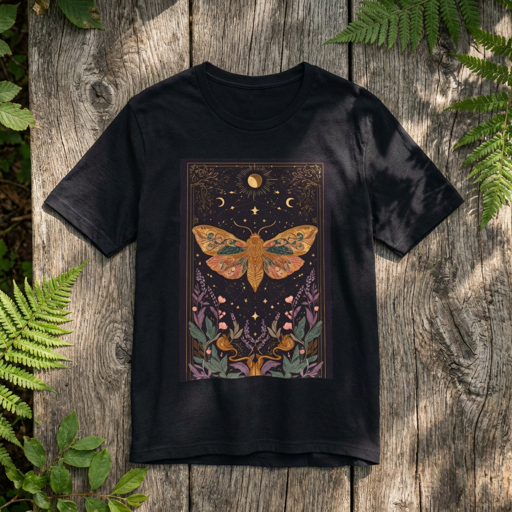 Celestial Moth T-Shirt Moon Phases Botanical Tee, Witchy Nature Shirt, Night Sky Graphic Top