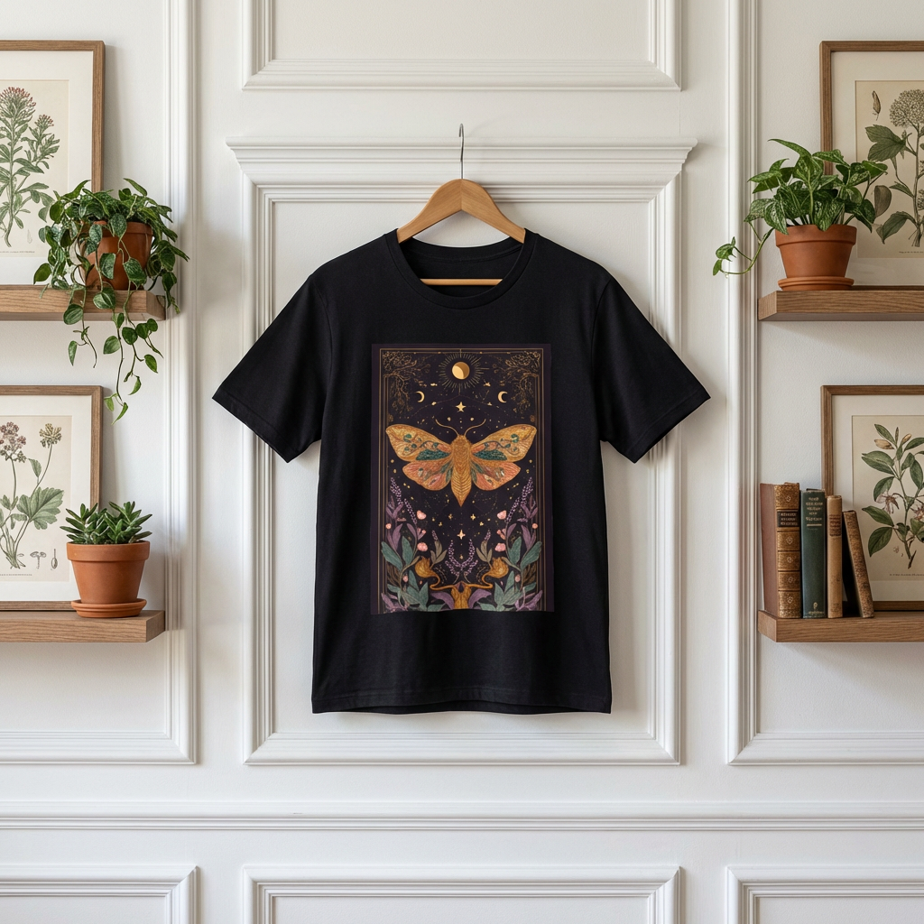 Celestial Moth T-Shirt Moon Phases Botanical Tee, Witchy Nature Shirt, Night Sky Graphic Top