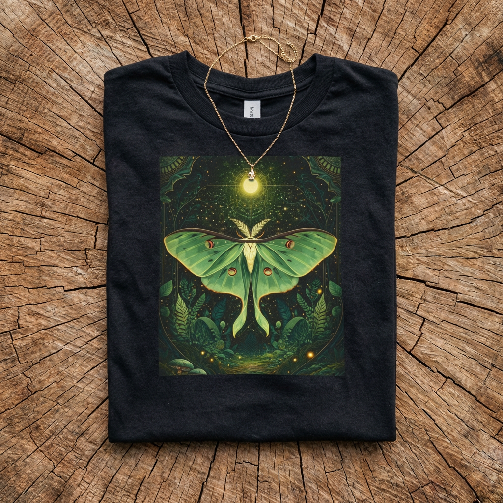 Luna Moth Graphic T-Shirt Green Nature Tee, Forest Witch Aesthetic Shirt, Boho Spiritual Clothing