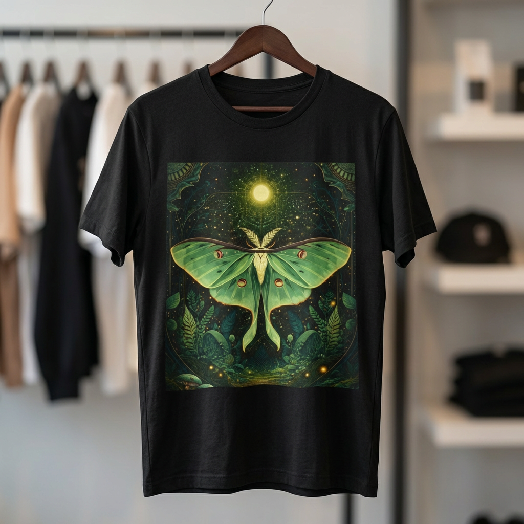 Luna Moth Graphic T-Shirt Green Nature Tee, Forest Witch Aesthetic Shirt, Boho Spiritual Clothing