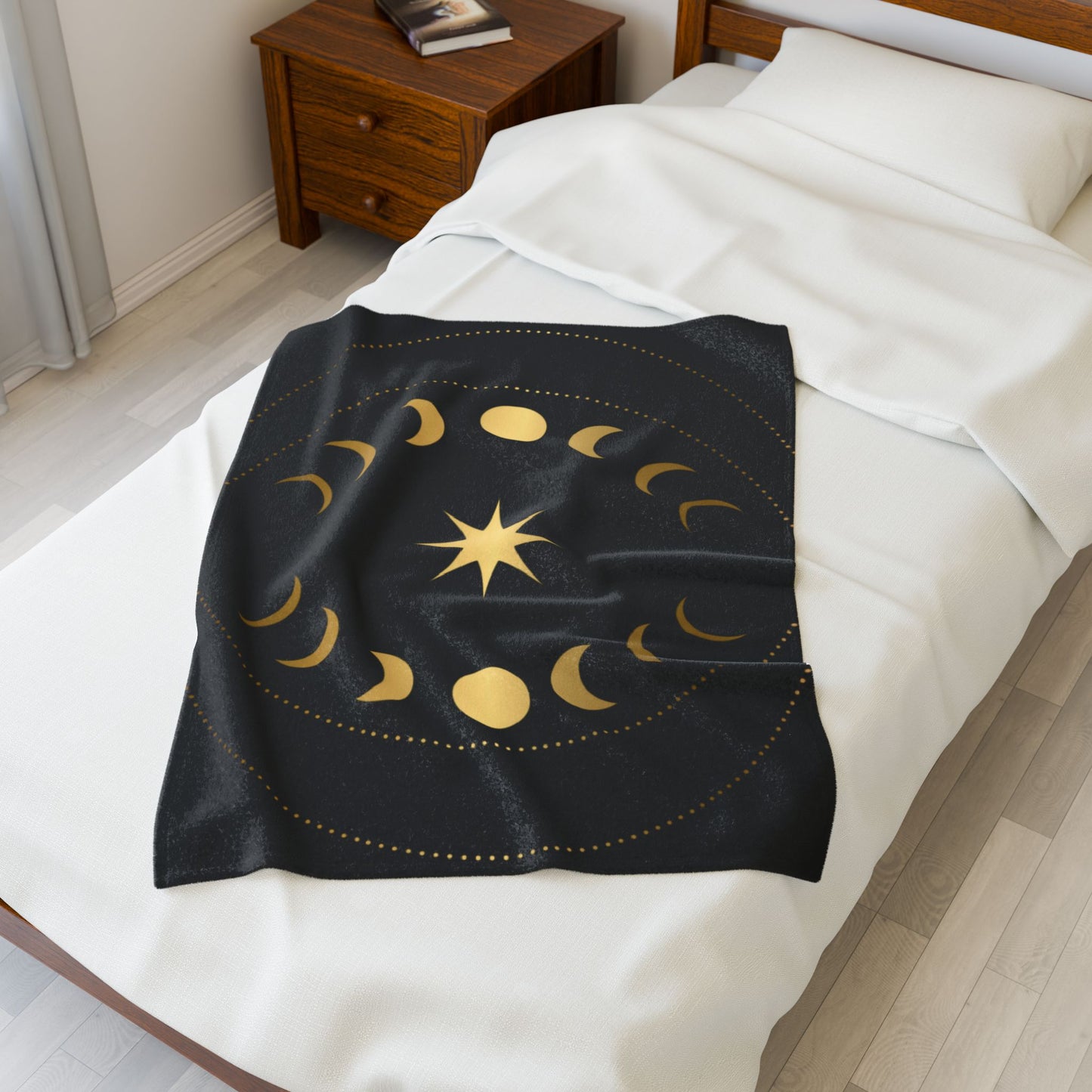 Celestial Moon Phase Velveteen Plush Blanket | Gold & Black Cosmic Throw