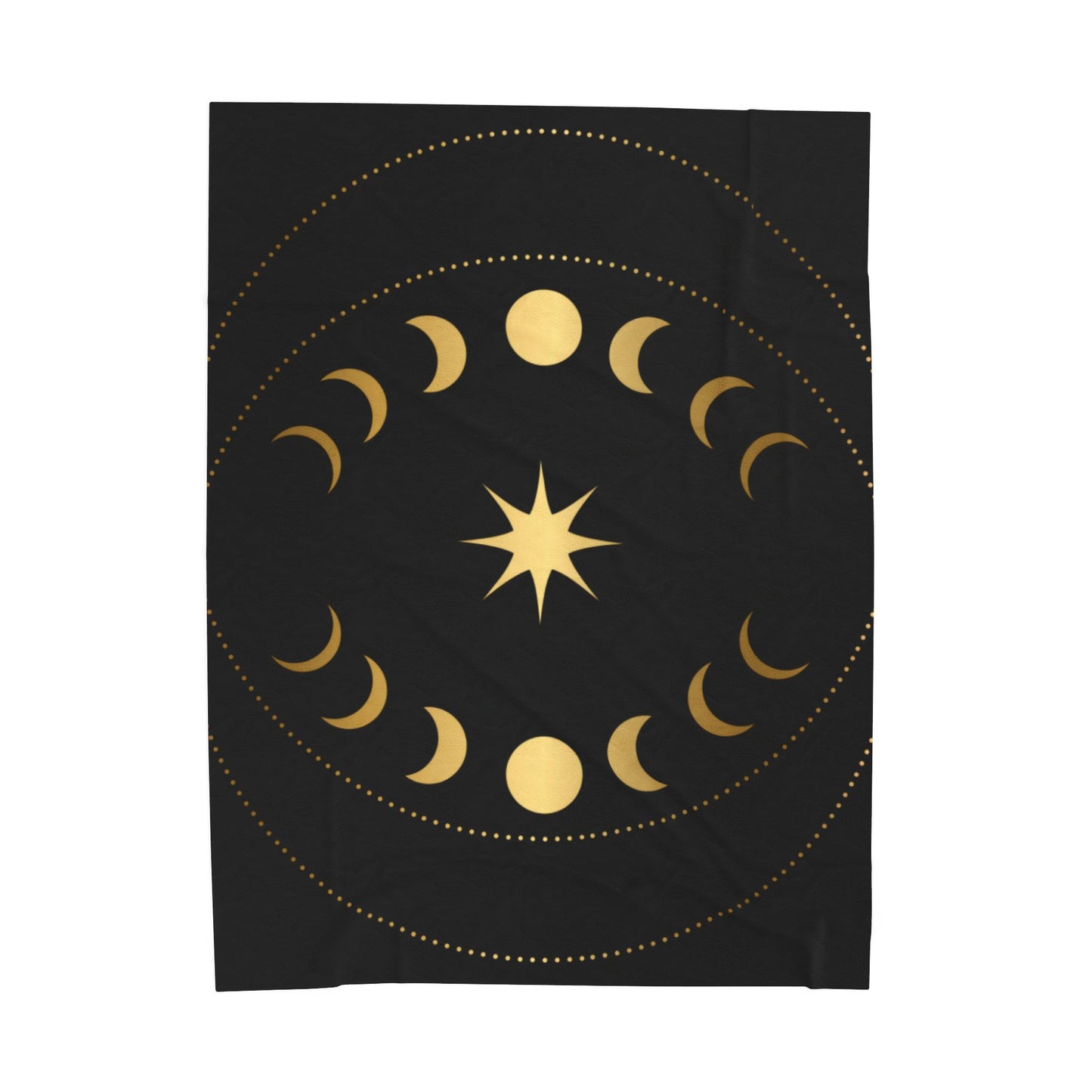 Celestial Moon Phase Velveteen Plush Blanket | Gold & Black Cosmic Throw