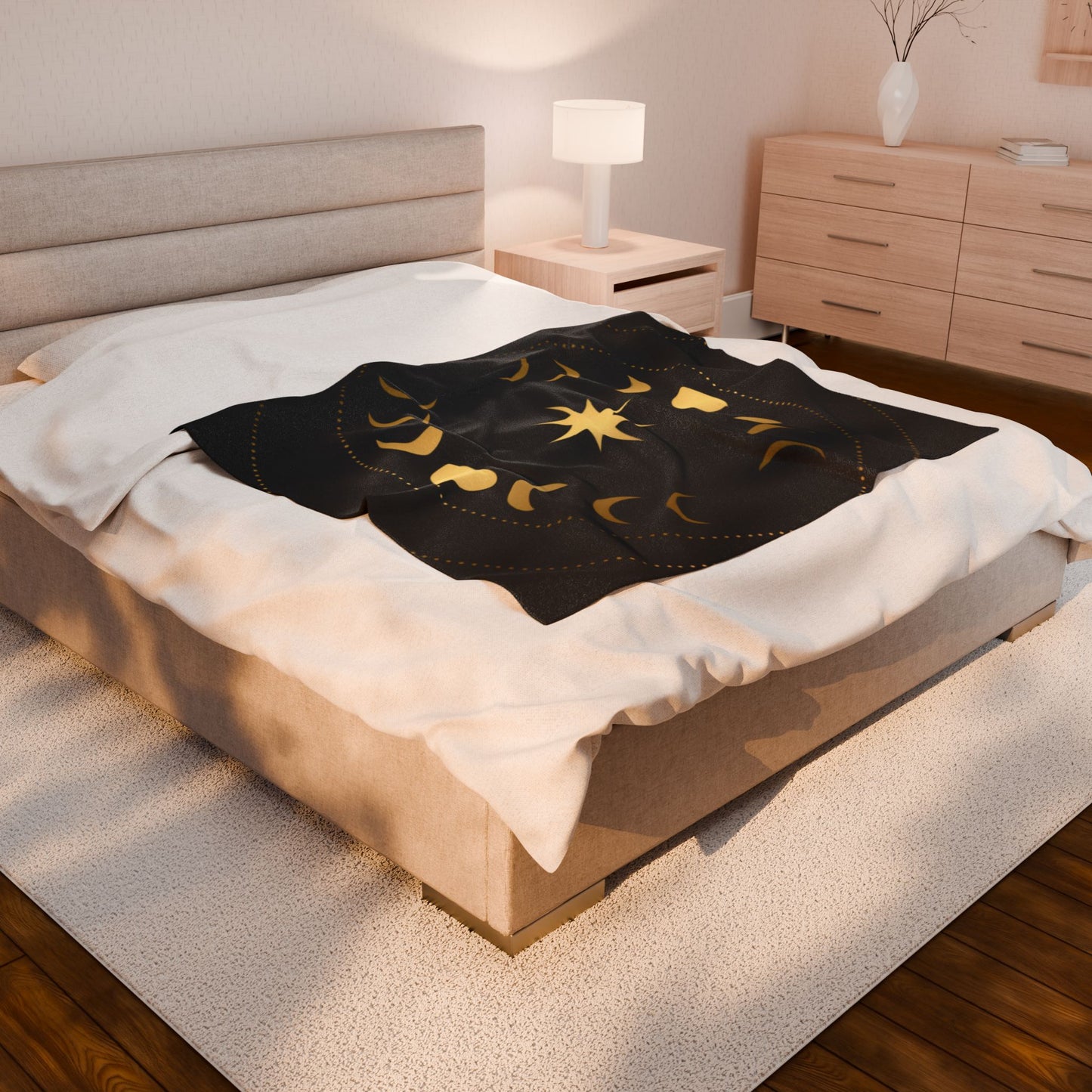 Celestial Moon Phase Velveteen Plush Blanket | Gold & Black Cosmic Throw