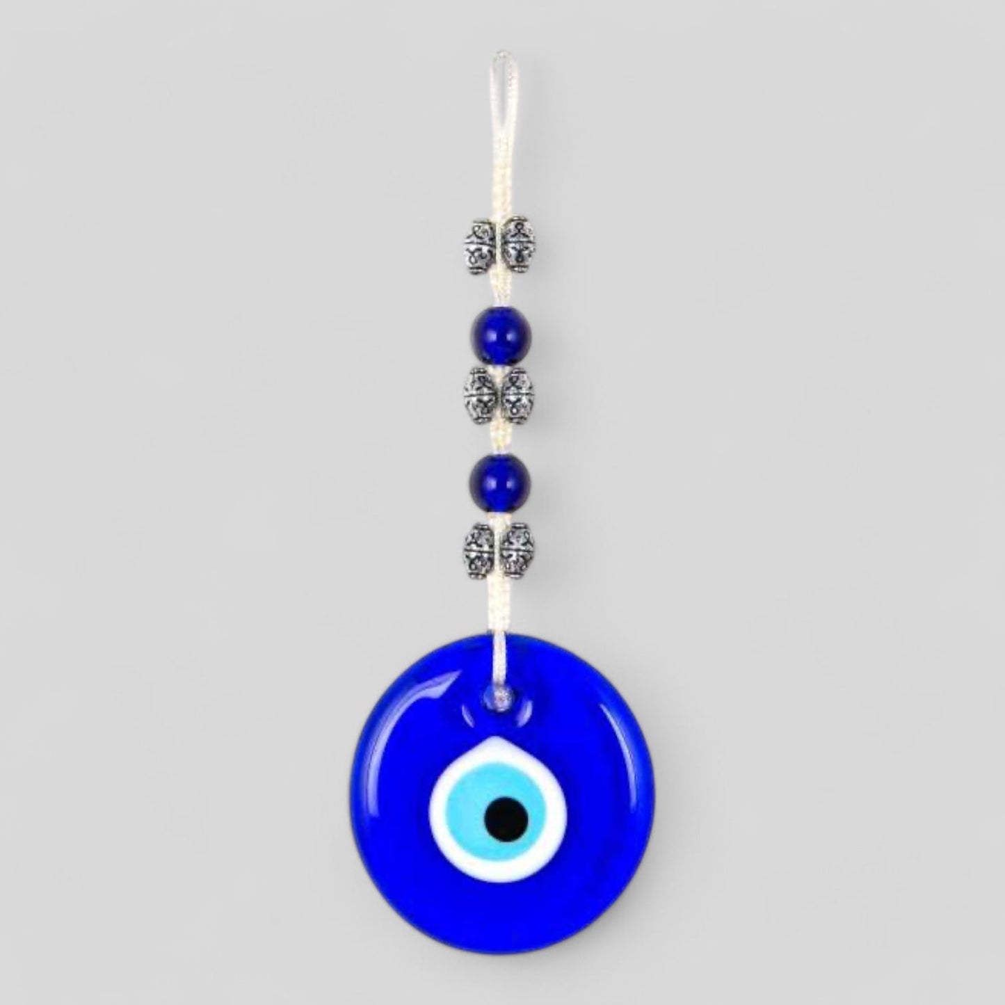 Wall Hanging Evil Eye Nazar Boncuk Mal De Ojo, Modern Boho Style Home Decor -- Silver/Blue/White-0
