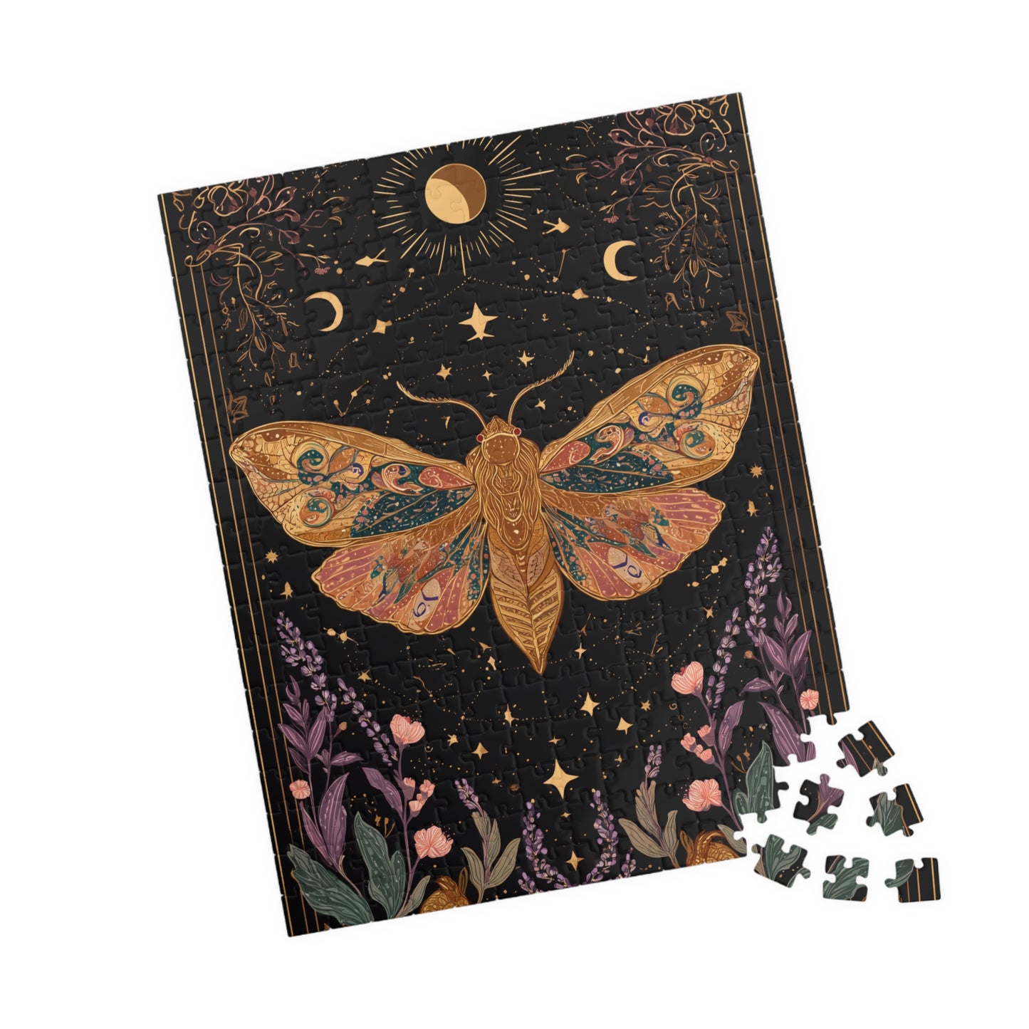 Golden Moth Tarot Illustration Puzzle | Moon & Stars 520-Piece Jigsaw