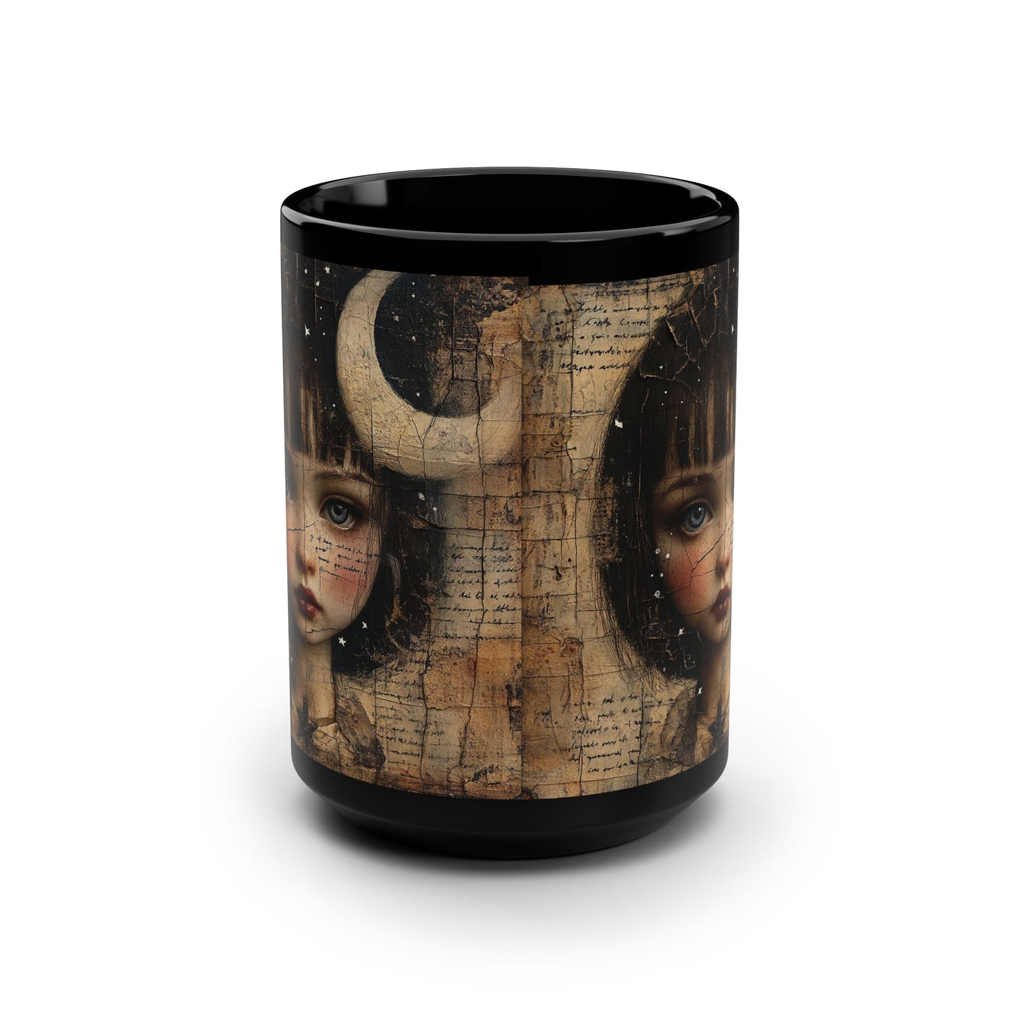 Gothic Doll Portrait Mug | Black 15oz, Moon Collage Art