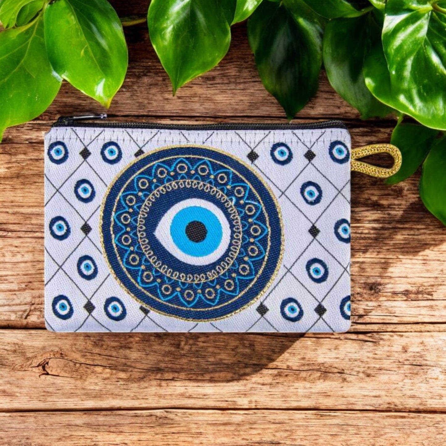 White Evil Eye Patterned Woven Zipper Coin Purse-1