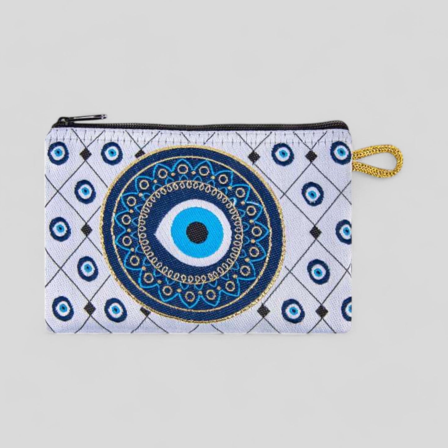 White Evil Eye Patterned Woven Zipper Coin Purse-0
