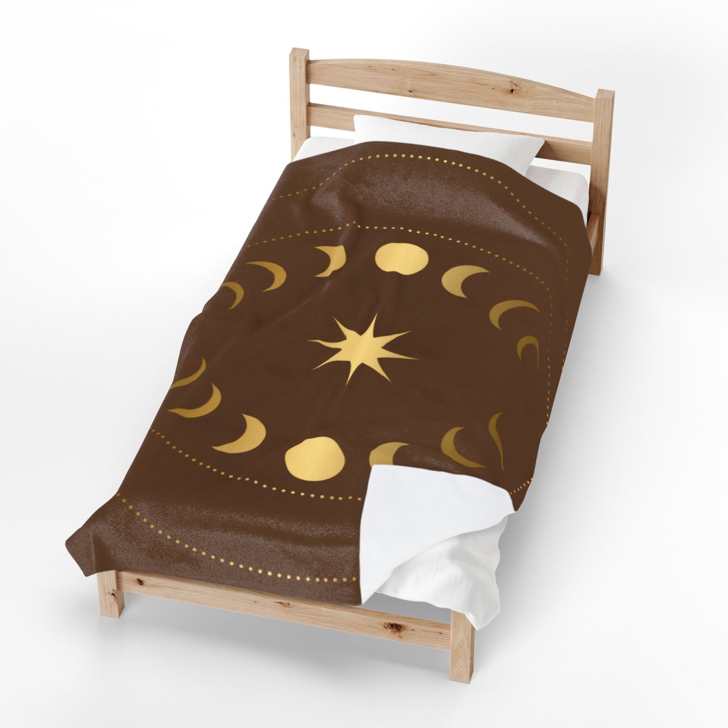 Celestial Moon Phase Velveteen Plush Blanket | Gold & Brown Cosmic Throw