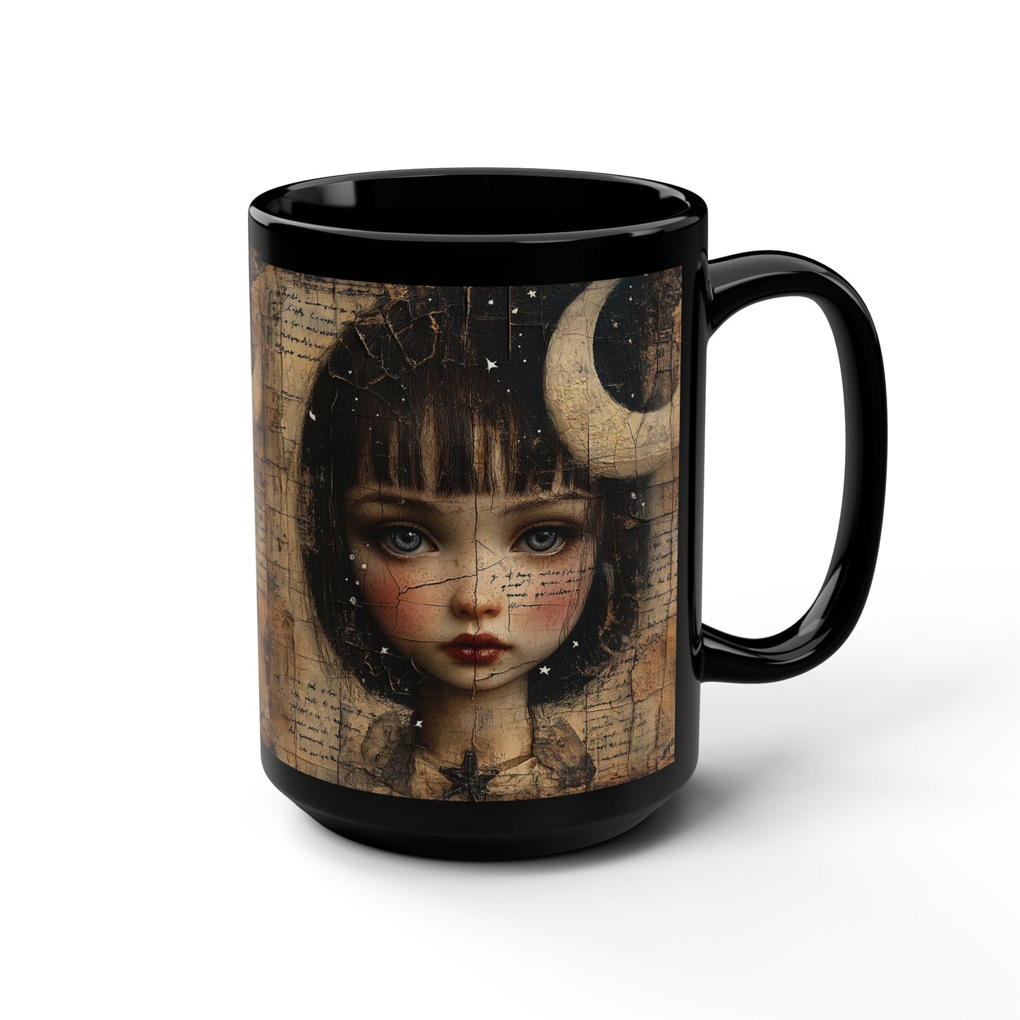Gothic Doll Portrait Mug | Black 15oz, Moon Collage Art