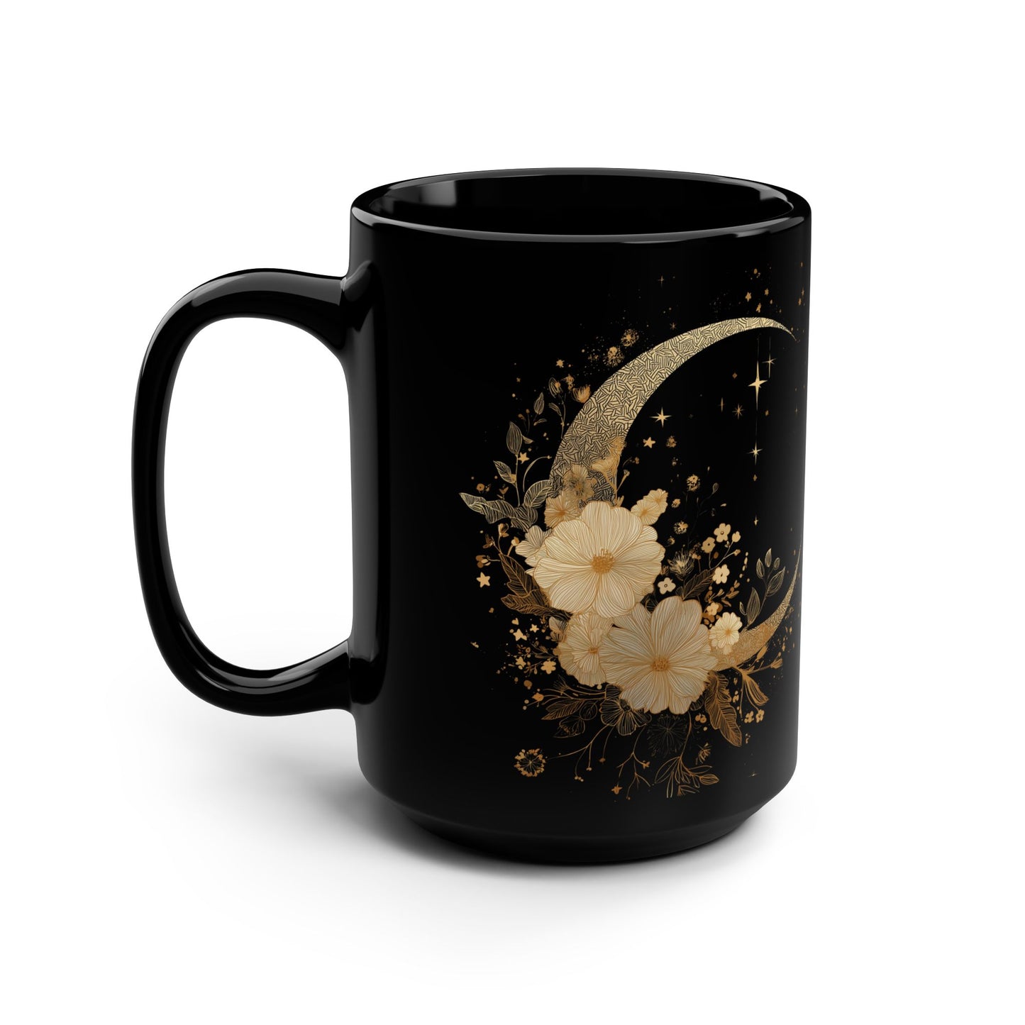 Gold Floral Crescent Moon Mug | Black 15oz Ceramic Coffee Cup