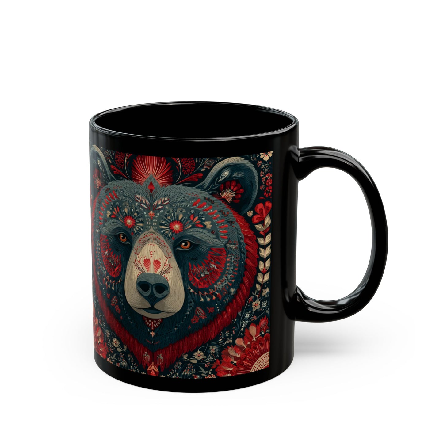 Bear Coffee Mug, Scandinavian Tea Cup Gift, Russian Bear Lover Mug, Nordic Animal Drinkware, Black Ceramic Cup
