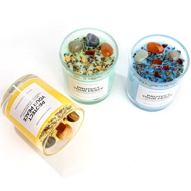 Crystal Soy Wax Aromatherapy Candle 8.5oz | Wooden Wick Dried Flower Candle | Healing Energy Relaxation Gift Home Decor