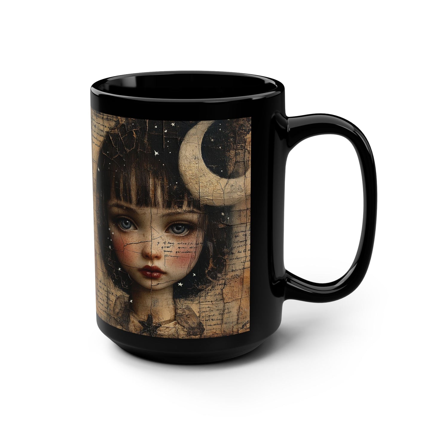 Gothic Doll Portrait Mug | Black 15oz, Moon Collage Art