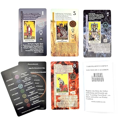 Witchy Cauldron Tarot Cards for Beginners with Meanings on Each Card — 78 Card Learning Tarot Deck with Guidebook, Reversed Meanings, Chakra, Zodiac & Planetary Symbols | Rider-Waite Style (English)