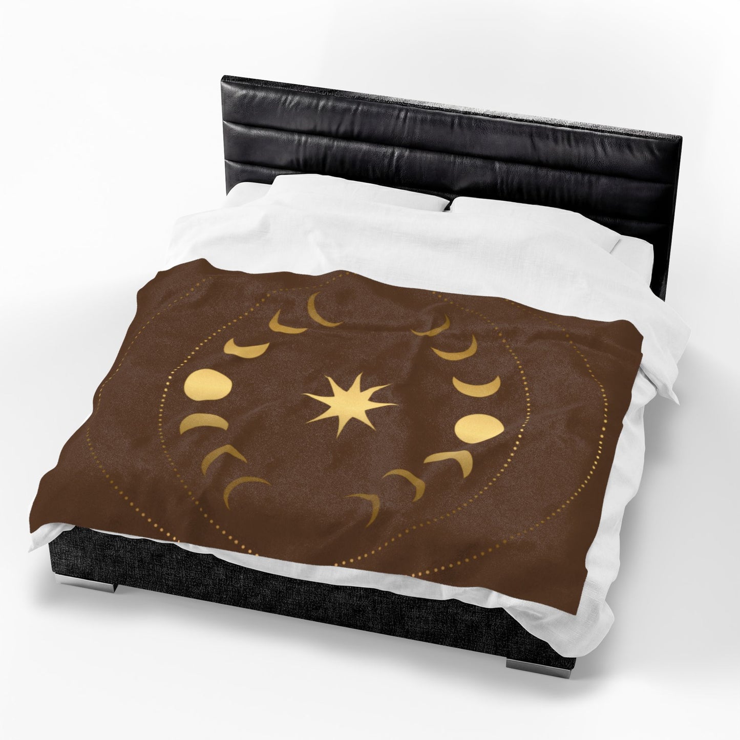 Celestial Moon Phase Velveteen Plush Blanket | Gold & Brown Cosmic Throw