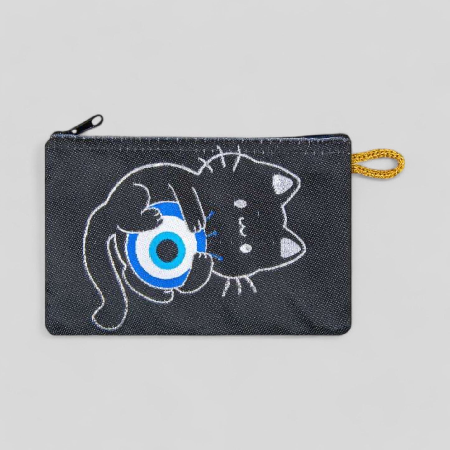 Black Cute Kitten with Evil Eye Ball Patterned Woven Zipper Coin Purse-0