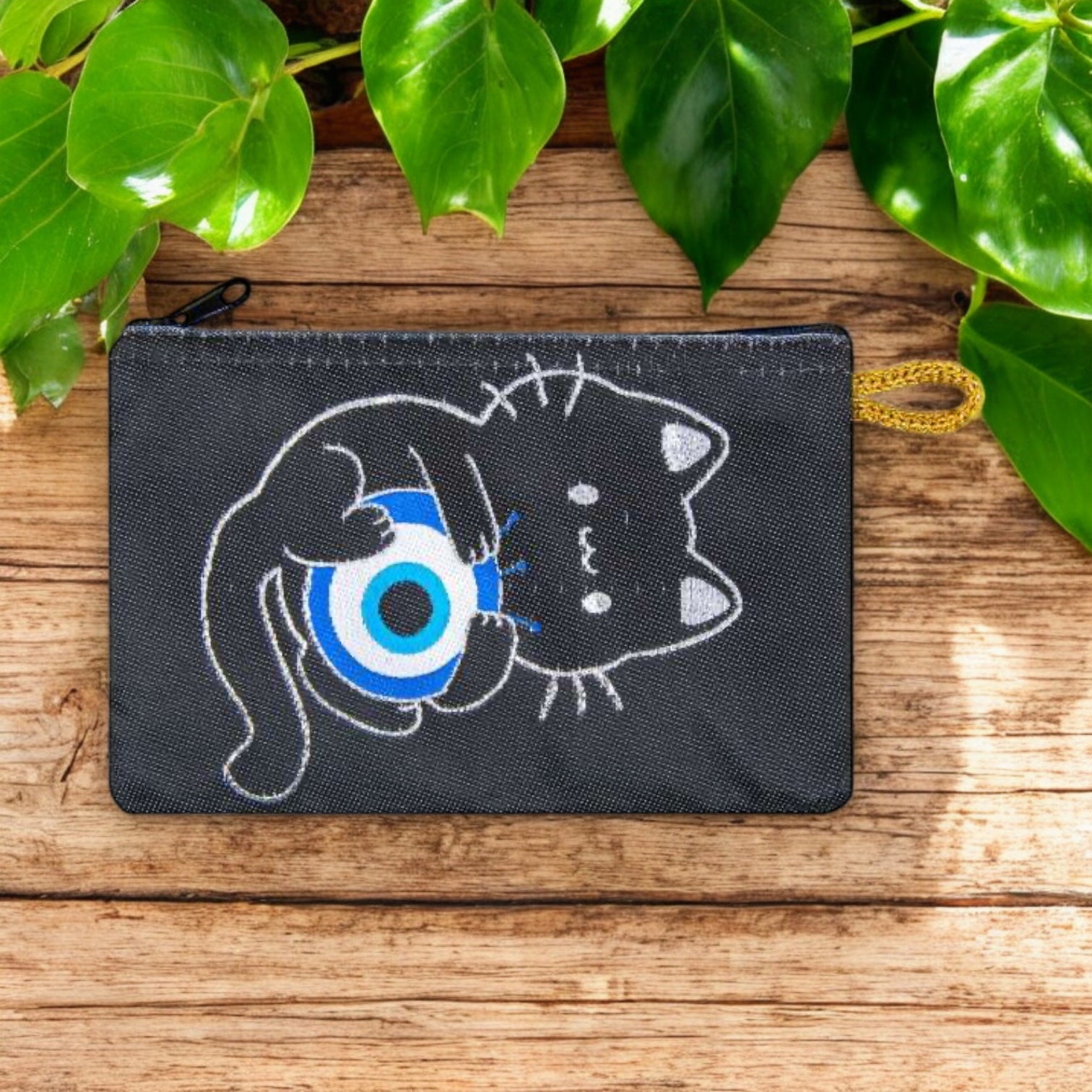 Black Cute Kitten with Evil Eye Ball Patterned Woven Zipper Coin Purse-1
