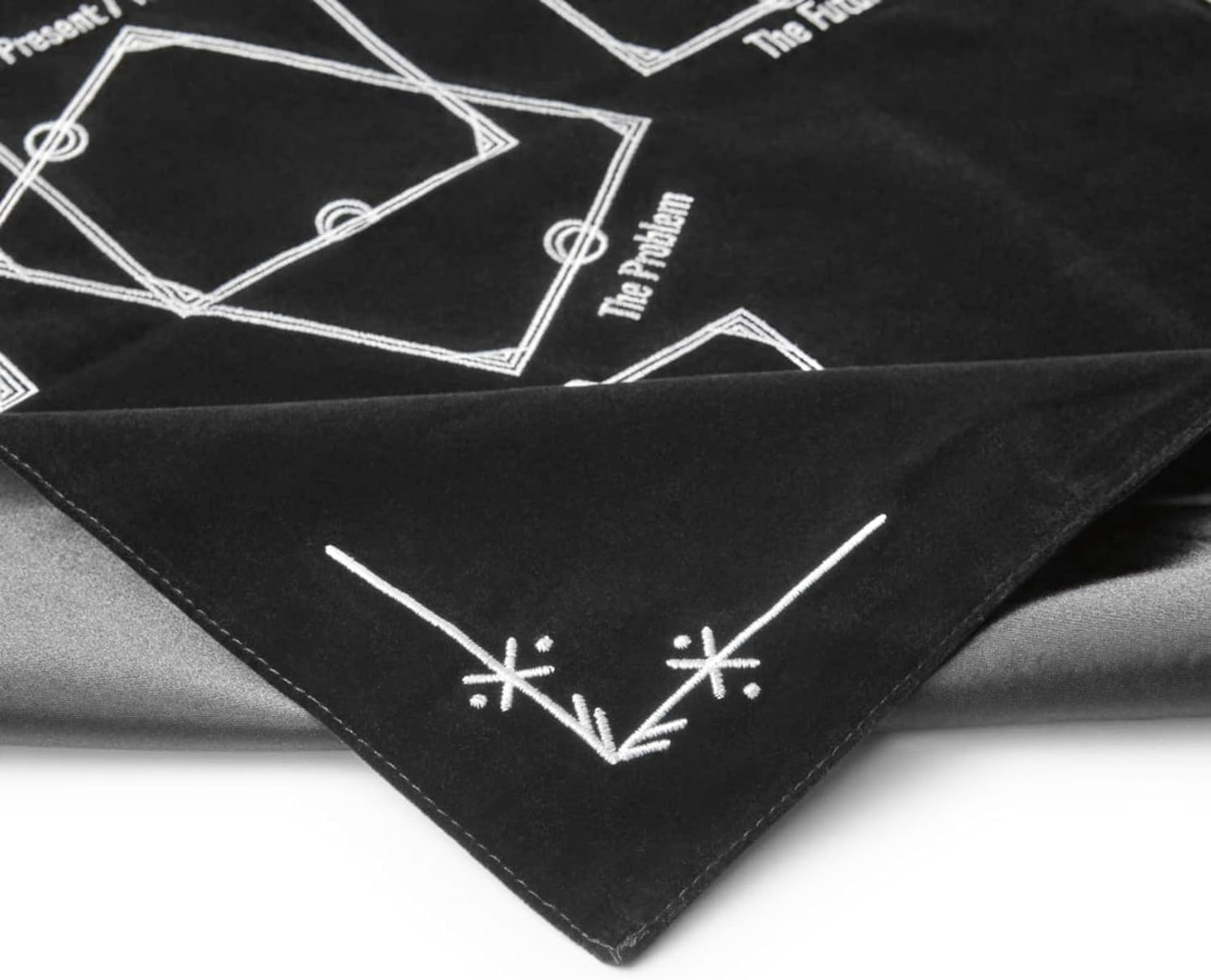 Tarot Cloth for Reading - Embroidered Velvet Altar Cloth with Celtic Cross Spread Guide, 10 Numbered Card Positions, 27x27 Inch Divination Table Cloth, Witchy Tarot Mat for Beginners & Readers (Black)