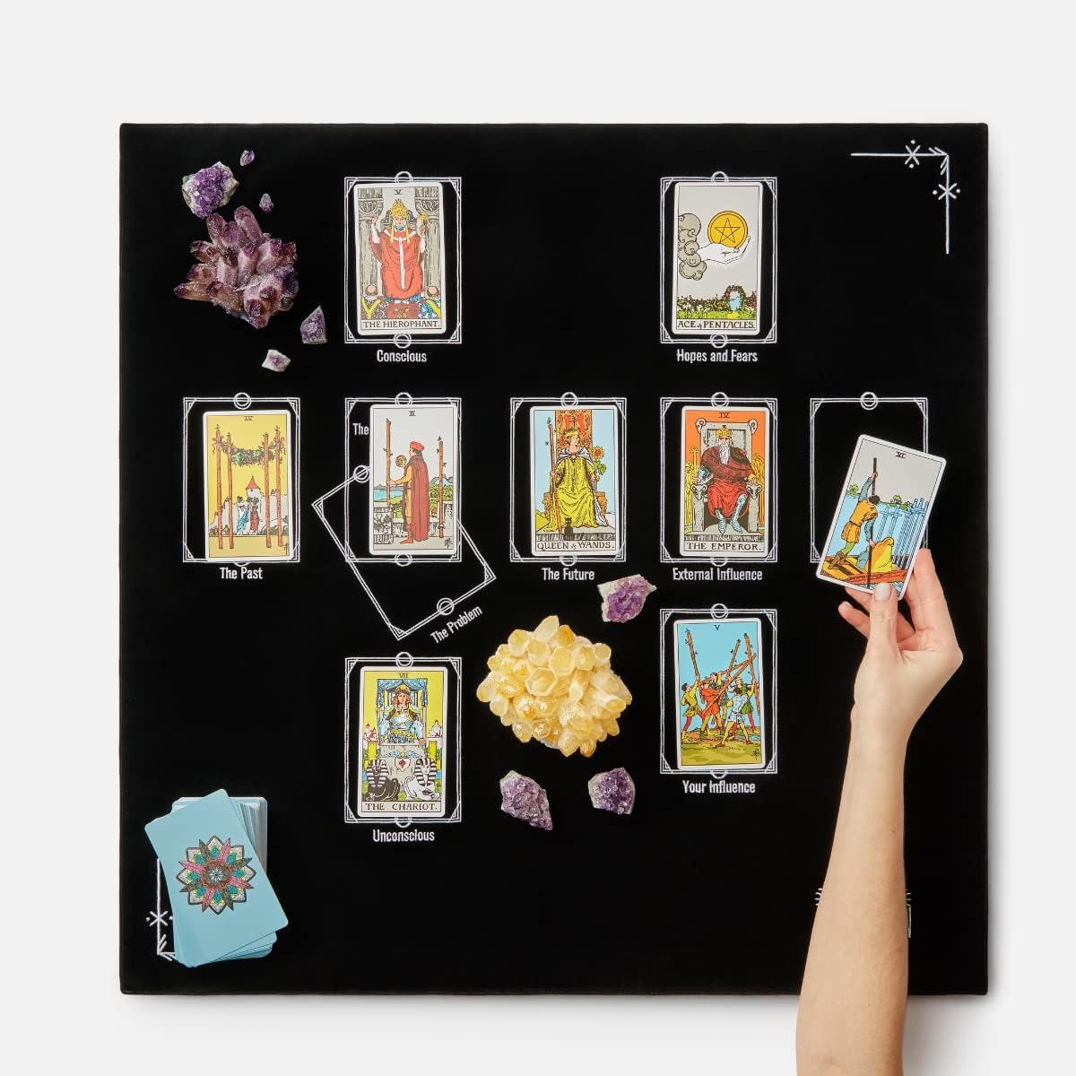 Tarot Cloth for Reading - Embroidered Velvet Altar Cloth with Celtic Cross Spread Guide, 10 Numbered Card Positions, 27x27 Inch Divination Table Cloth, Witchy Tarot Mat for Beginners & Readers (Black)