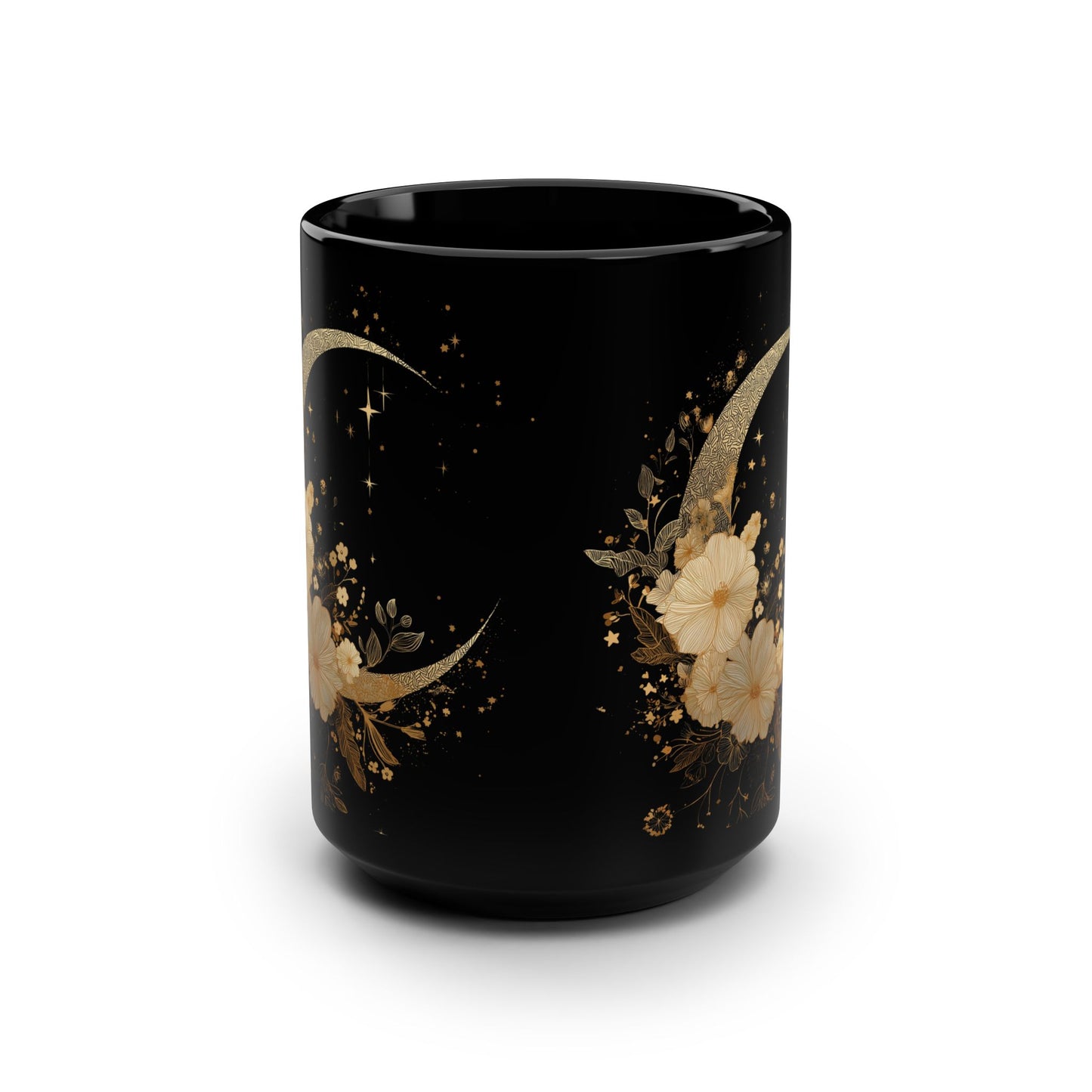 Gold Floral Crescent Moon Mug | Black 15oz Ceramic Coffee Cup