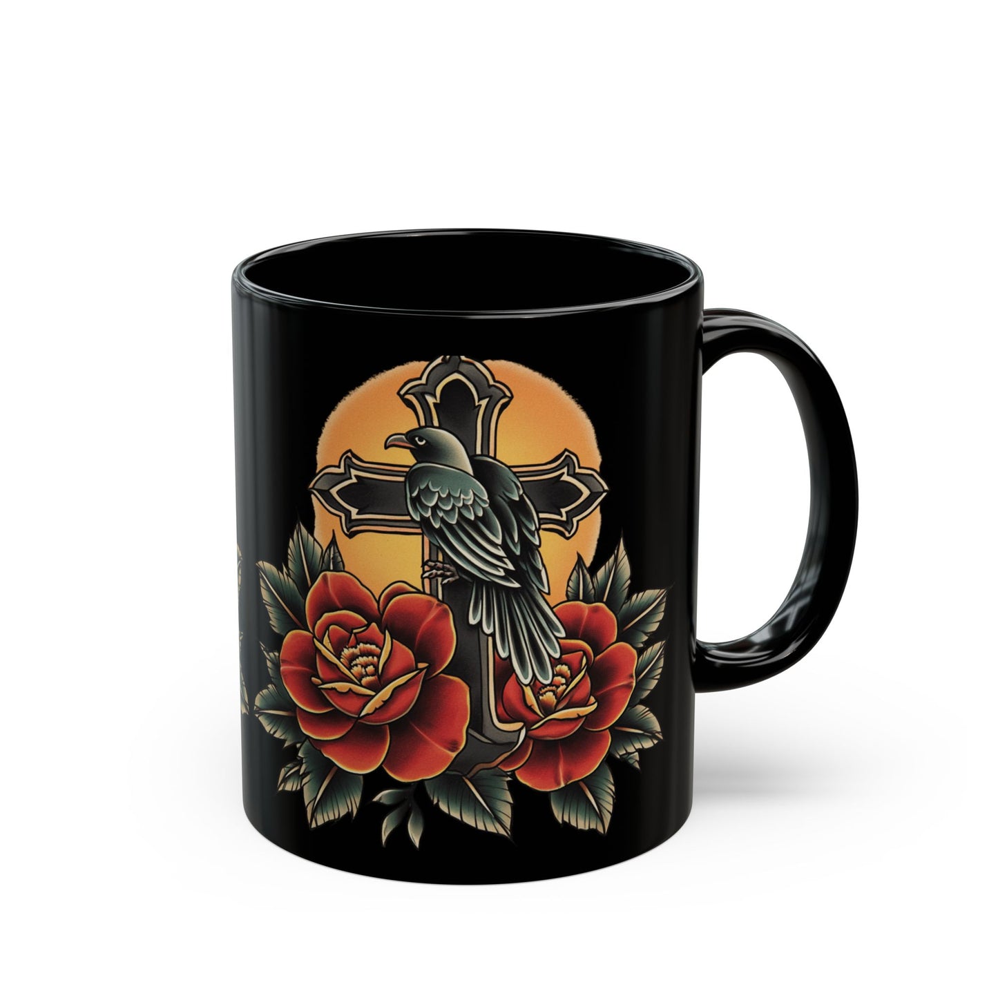 Raven Tattoo-Inspired Black Mug: Bold Floral Design, Gothic Decor, Unique Gift for Art Lovers, Perfect for Coffee & Tea