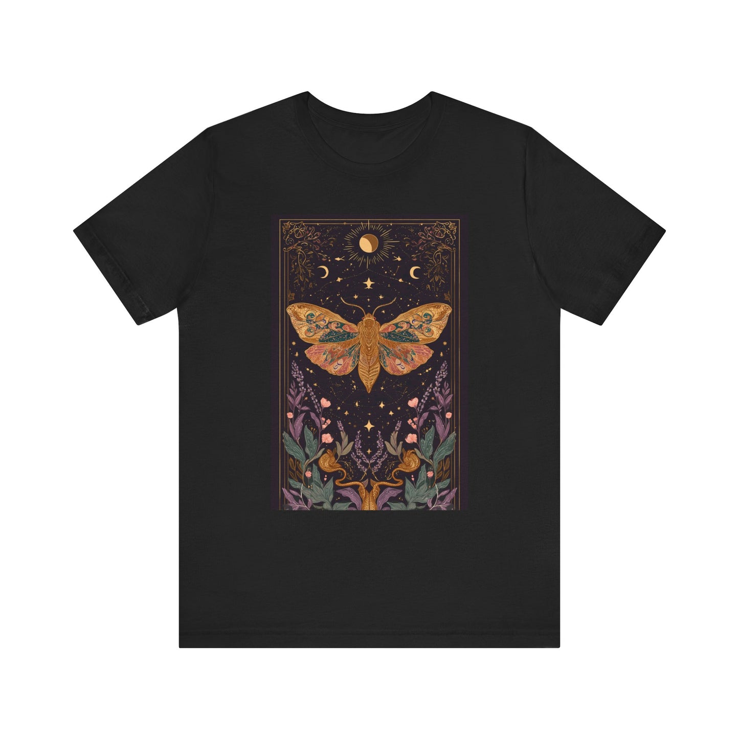 Celestial Moth T-Shirt Moon Phases Botanical Tee, Witchy Nature Shirt, Night Sky Graphic Top