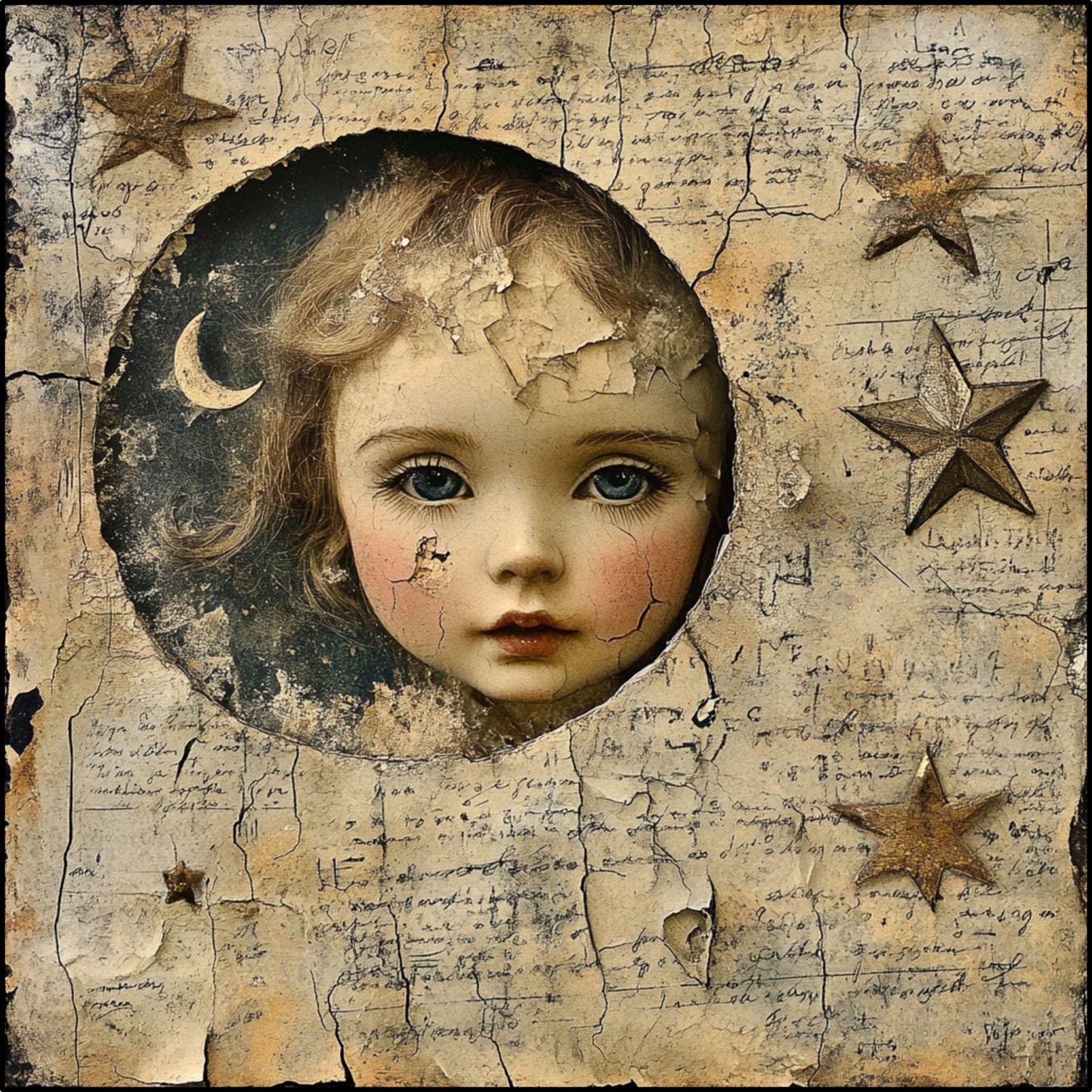 Vintage Doll Face Moon Altar Cloth, 9"x9" Prima Combed Cotton, Divination Cloth