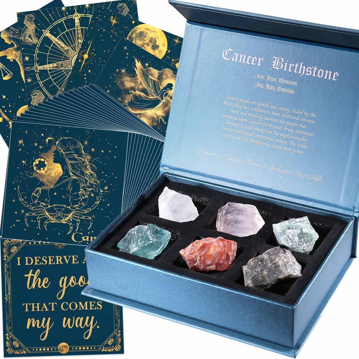 Birthday Crystals Gifts - 6 Zodiac Healing Stones w/ 50 Miracle Mantras Affirmation Cards, Spiritual Gifts for Positive Energy, Self-Care, Love & Wealth