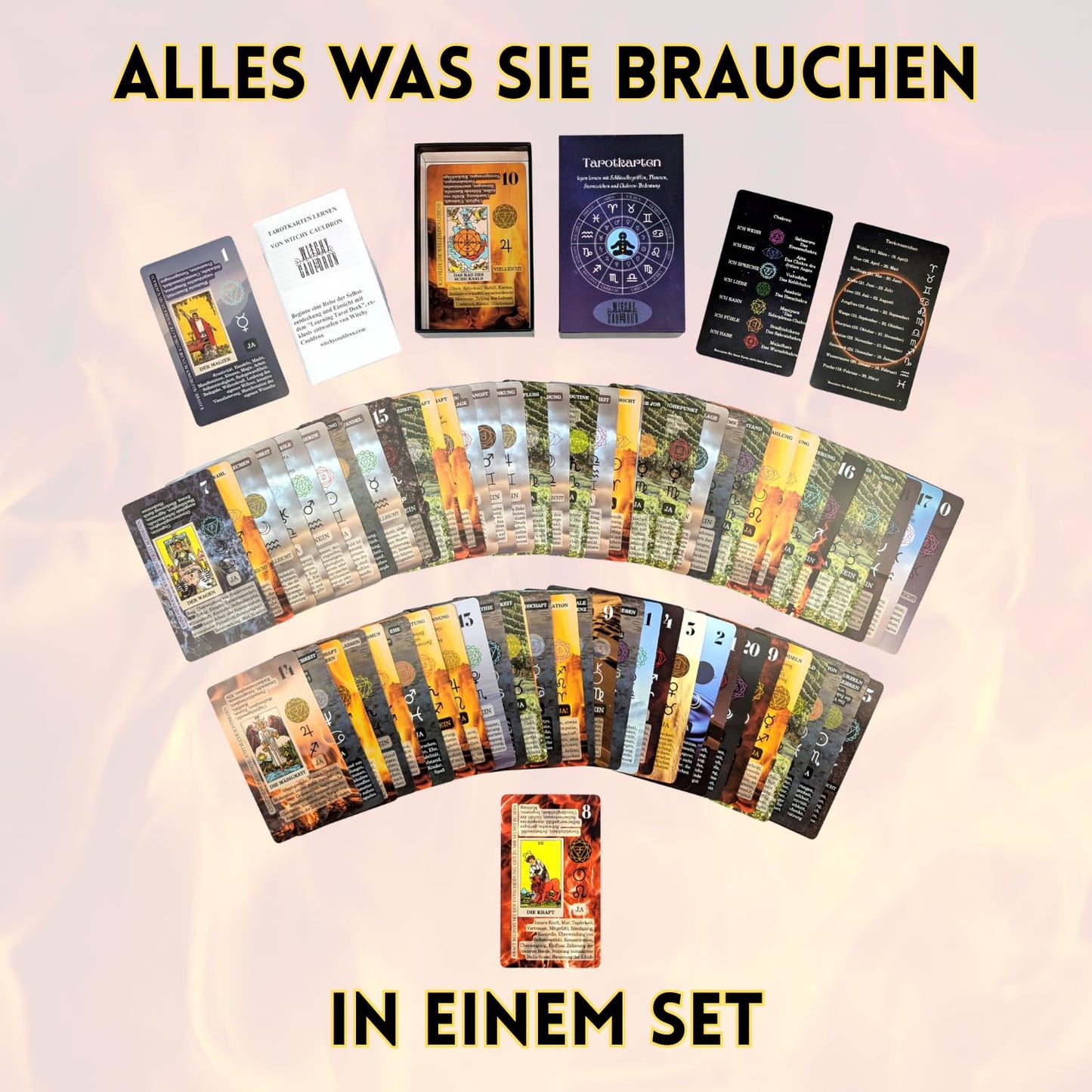 Witchy Cauldron Tarot Cards for Beginners with Meanings on Each Card — 78 Card Learning Tarot Deck with Guidebook, Reversed Meanings, Chakra, Zodiac & Planetary Symbols | Rider-Waite Style (English)