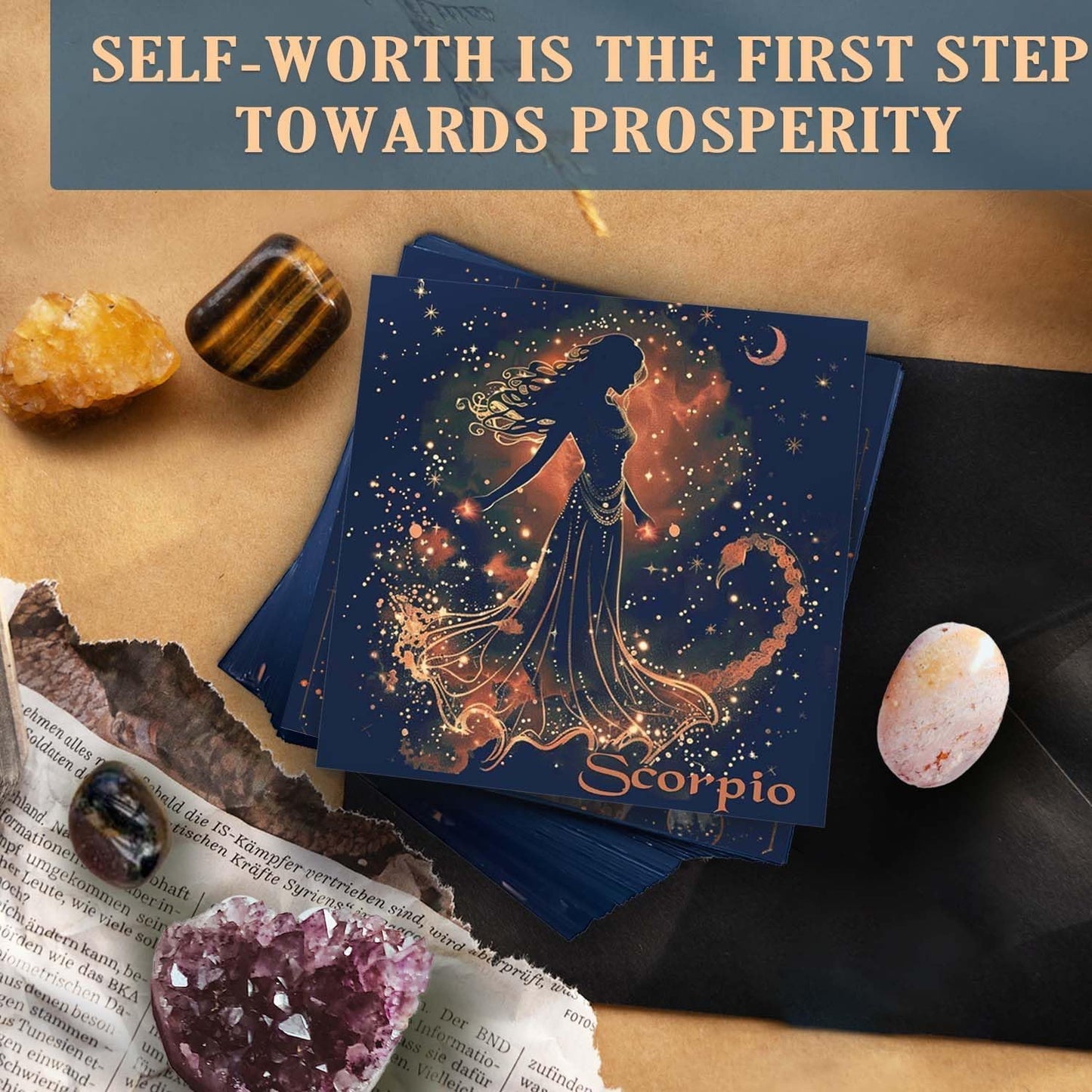 Birthday Crystals Gifts - 6 Zodiac Healing Stones w/ 50 Miracle Mantras Affirmation Cards, Spiritual Gifts for Positive Energy, Self-Care, Love & Wealth