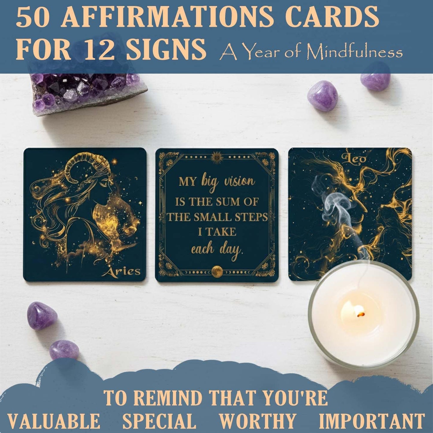 Birthday Crystals Gifts - 6 Zodiac Healing Stones w/ 50 Miracle Mantras Affirmation Cards, Spiritual Gifts for Positive Energy, Self-Care, Love & Wealth