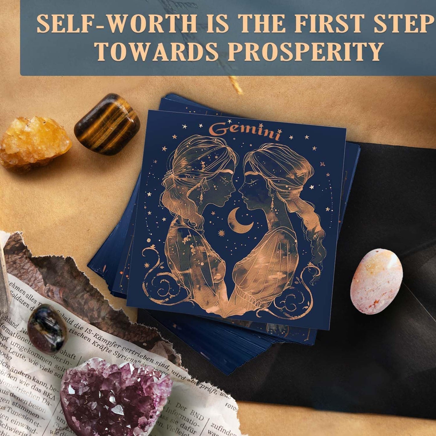 Birthday Crystals Gifts - 6 Zodiac Healing Stones w/ 50 Miracle Mantras Affirmation Cards, Spiritual Gifts for Positive Energy, Self-Care, Love & Wealth
