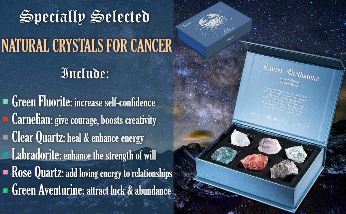 Birthday Crystals Gifts - 6 Zodiac Healing Stones w/ 50 Miracle Mantras Affirmation Cards, Spiritual Gifts for Positive Energy, Self-Care, Love & Wealth