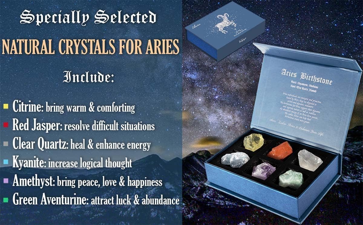 Birthday Crystals Gifts - 6 Zodiac Healing Stones w/ 50 Miracle Mantras Affirmation Cards, Spiritual Gifts for Positive Energy, Self-Care, Love & Wealth