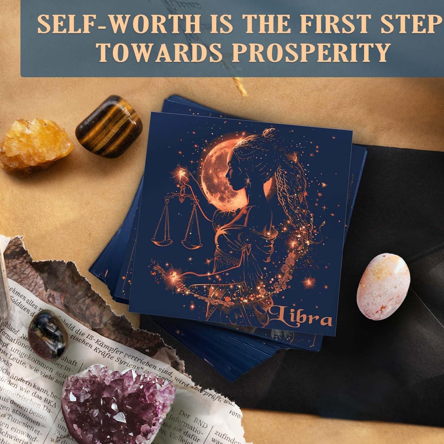 Birthday Crystals Gifts - 6 Zodiac Healing Stones w/ 50 Miracle Mantras Affirmation Cards, Spiritual Gifts for Positive Energy, Self-Care, Love & Wealth