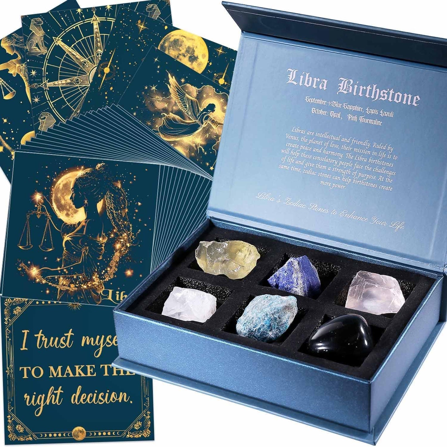 Birthday Crystals Gifts - 6 Zodiac Healing Stones w/ 50 Miracle Mantras Affirmation Cards, Spiritual Gifts for Positive Energy, Self-Care, Love & Wealth