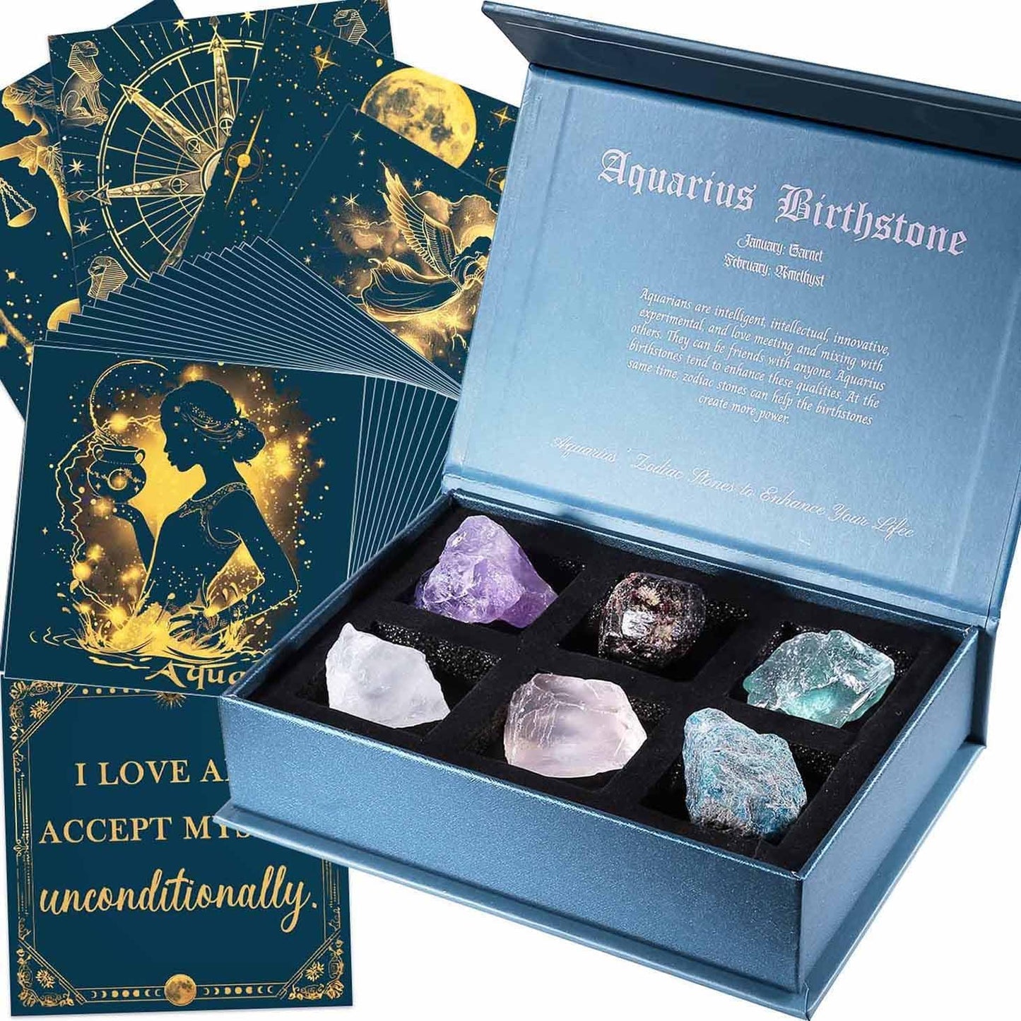 Birthday Crystals Gifts - 6 Zodiac Healing Stones w/ 50 Miracle Mantras Affirmation Cards, Spiritual Gifts for Positive Energy, Self-Care, Love & Wealth