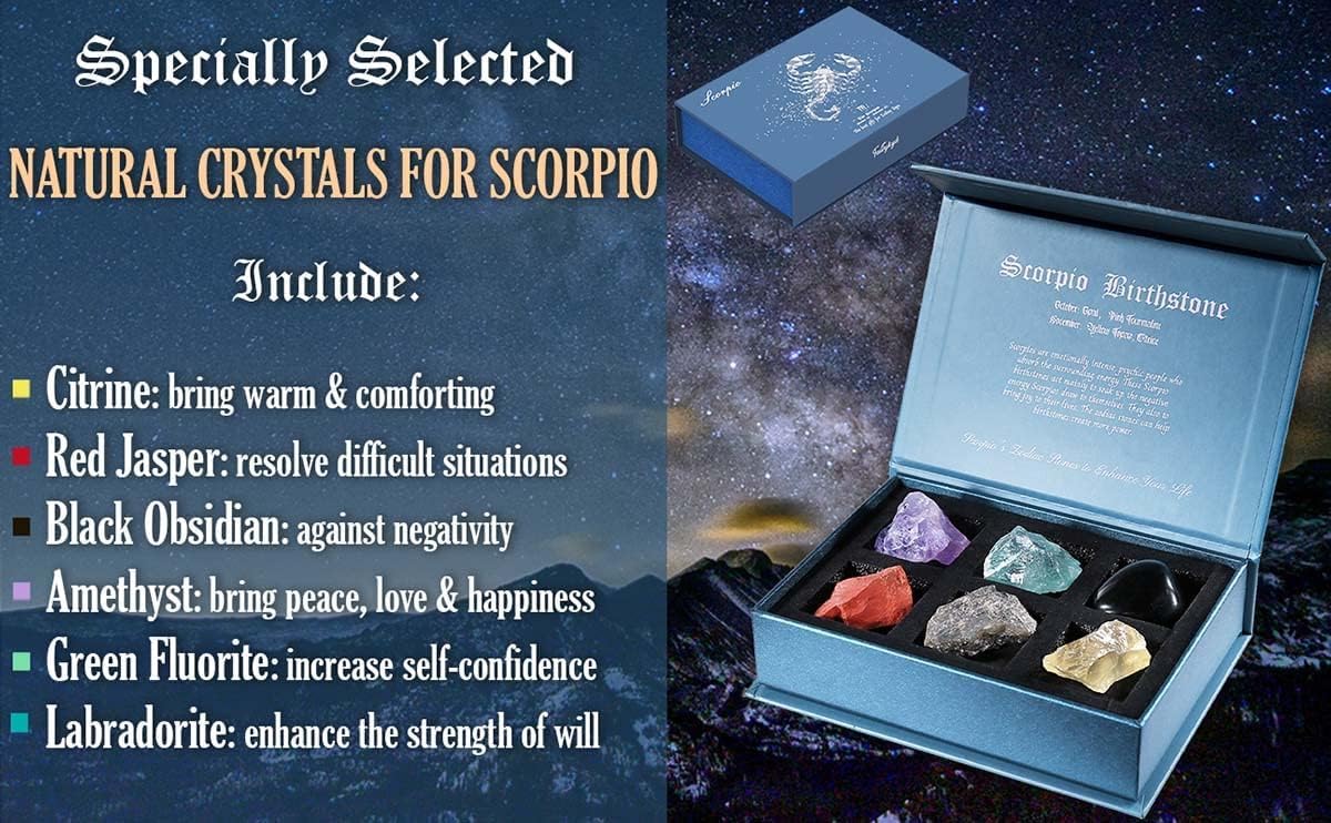 Birthday Crystals Gifts - 6 Zodiac Healing Stones w/ 50 Miracle Mantras Affirmation Cards, Spiritual Gifts for Positive Energy, Self-Care, Love & Wealth