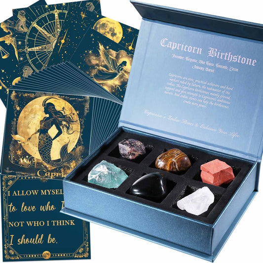 Birthday Crystals Gifts - 6 Zodiac Healing Stones w/ 50 Miracle Mantras Affirmation Cards, Spiritual Gifts for Positive Energy, Self-Care, Love & Wealth