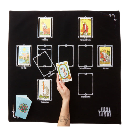 Tarot Cloth for Reading - Embroidered Velvet Altar Cloth with Celtic Cross Spread Guide, 10 Numbered Card Positions, 27x27 Inch Divination Table Cloth, Witchy Tarot Mat for Beginners & Readers (Black)