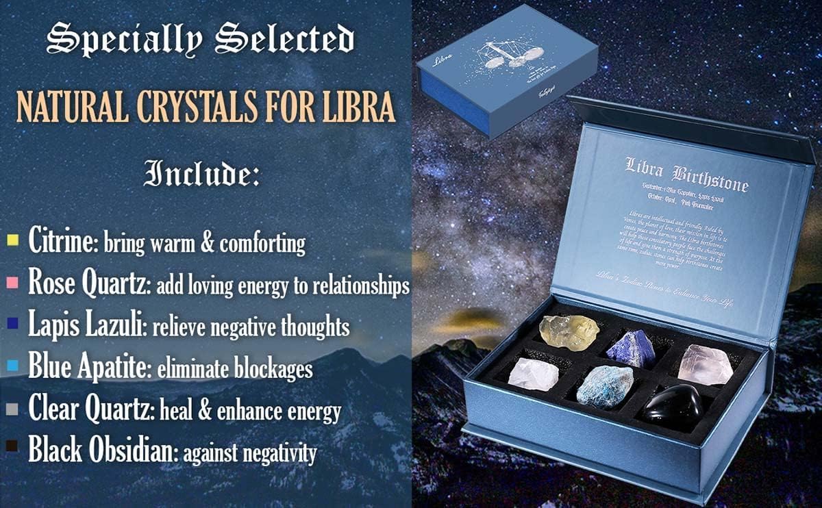 Birthday Crystals Gifts - 6 Zodiac Healing Stones w/ 50 Miracle Mantras Affirmation Cards, Spiritual Gifts for Positive Energy, Self-Care, Love & Wealth